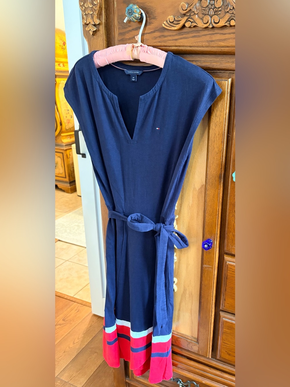 Tommy Hilfiger Navy V-Neck Tie-Waist Midi Dress